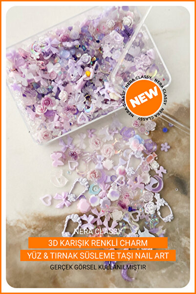 Nera Classy 3D Renkli Desenli Charm, Takma Tırnak Süsü Charm - (Yüz, Vücut Te...