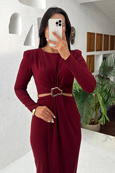 Neşeli Butik Women Low Waist Buckle Detail Long Sleeve Dress Nbmy3655