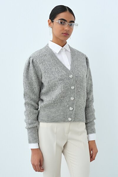 Nihan V Yaka Kalp Düğmeli Simli Hırka Gri