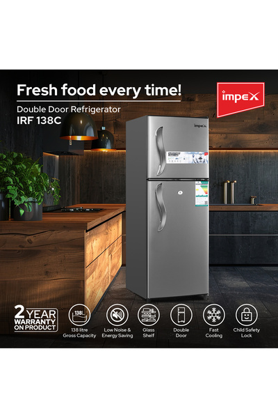İMPEX 138L Double Door Refrigerator, 42L Freezer, Dark Grey, Fast Cooling, 2Yr Warranty- IRF 138C