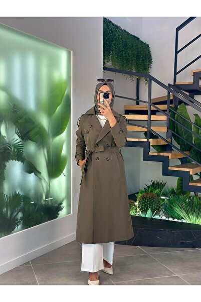 Armine Trend Double-Breasted Belted Trench Coat 25Kt720 Khaki