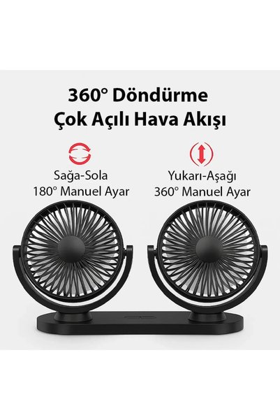 Enraco Çift Başlıklı Araç Fanı Oto Fan Vantilatör 12V/24V (Usb İle Çalışır) Siyah