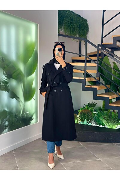 Armine Trend Double-Breasted Belted Trench Coat 25Kt720 Black