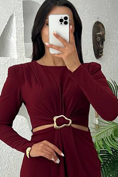 Neşeli Butik Women Low Waist Buckle Detail Long Sleeve Dress Nbmy3655