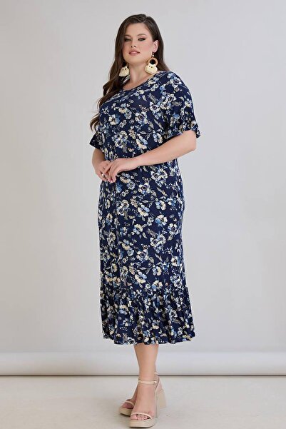 wearon tekstil Wearon Women's Dora Plus Size Flared White Daisies Navy Blue Dress