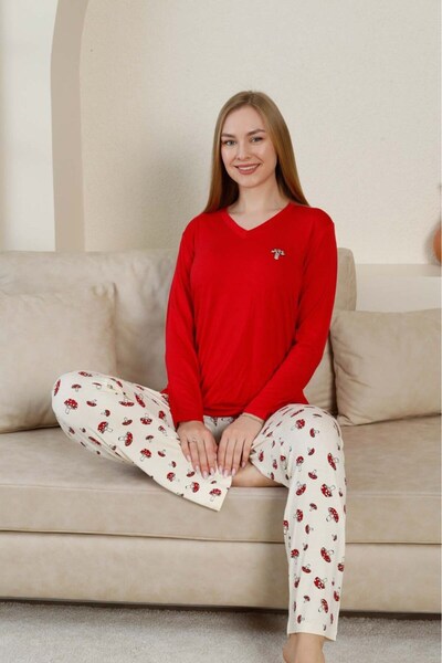 bie's Women's V-Neck Buttonless Mushroom Pattern Lycra Viscose Seasonal Long Sleeve Pajama Set