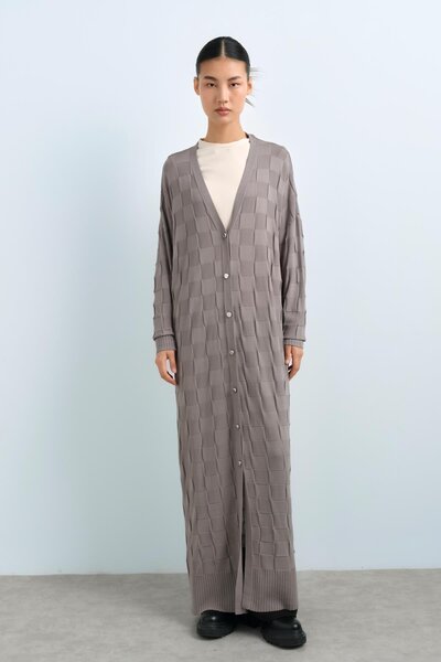 Nihan Kare Desen Uzun Rayon Hırka Gri