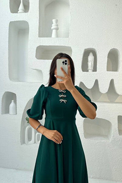 Neşeli Butik Γυναικείο φόρεμα με λεπτομέρεια με κορδέλα, με μανίκια μπαλόνι μεσαίου μήκους NBMY3578