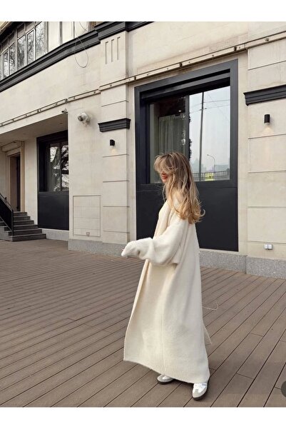 Lusin Women's Black Stylish Collar Detailed Premium Soft Long Knitwear Cardigan