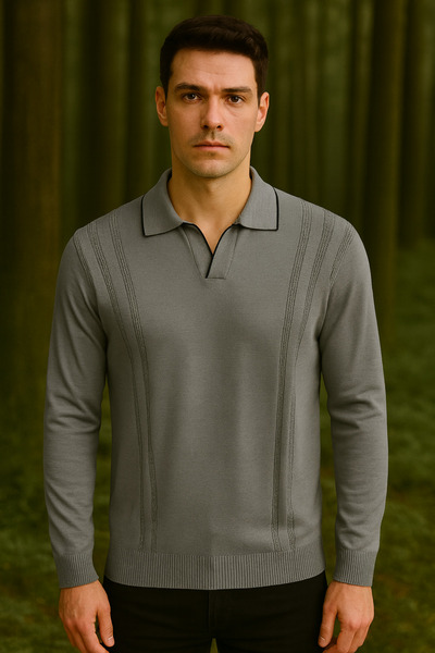 Maccali Men's Polo Neck Striped Basic Loose Gray Winter Sweater