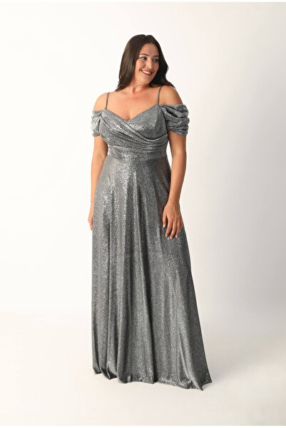 NONCONCEPTMODA Düşük Omuzlu Askılı Simli Elbise