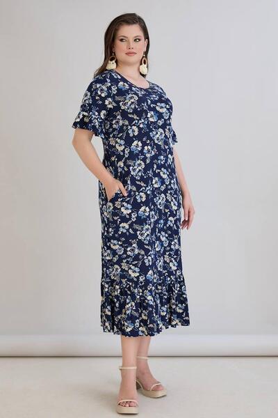 wearon tekstil Wearon Women's Dora Plus Size Flared White Daisies Navy Blue Dress