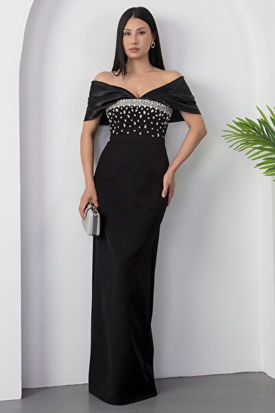 PULLIMM Straplez Göğüs Taşlı Atlas Abiye Elbise ECR5649