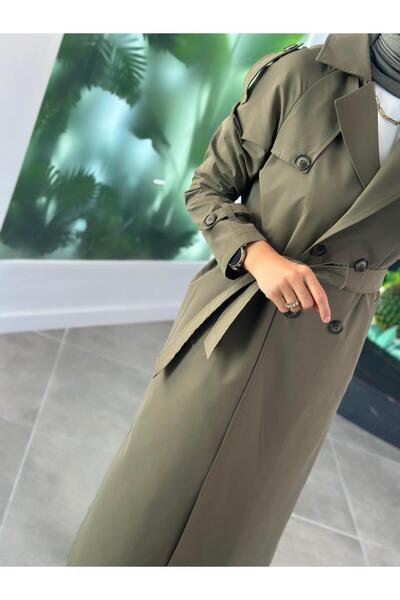 Armine Trend Double-Breasted Belted Trench Coat 25Kt720 Khaki