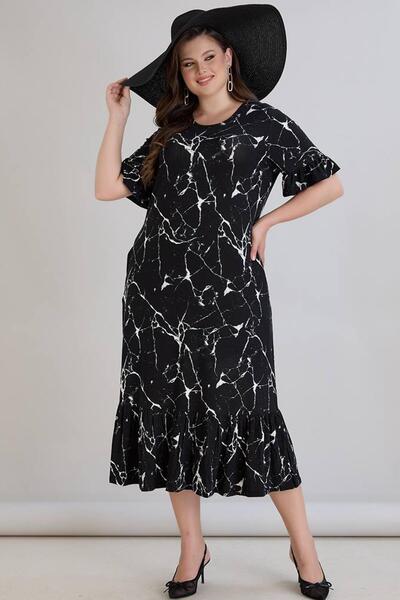wearon tekstil Wearon Women's Dora Plus Size Flared Marble Pattern Black Dress