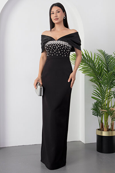 PULLIMM Straplez Göğüs Taşlı Atlas Abiye Elbise ECR5649