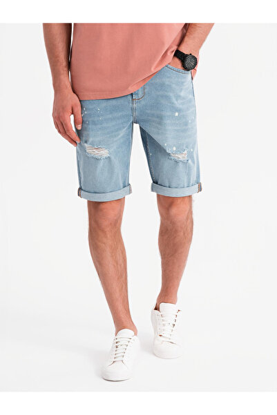 OMBRE Pánské krátké džínové kraťasy s oděrkováním a ohrnutými nohavicemi - světle modré V1 OM-SRDS-0186 S