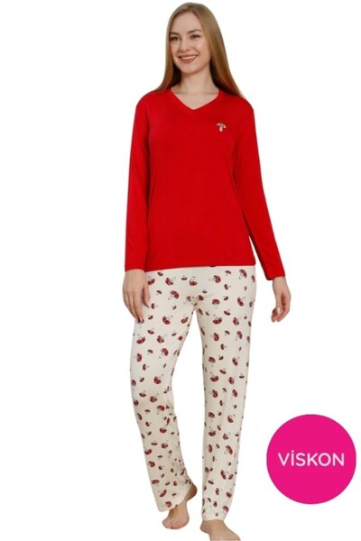 bie's Women's V-Neck Buttonless Mushroom Pattern Lycra Viscose Seasonal Long Sleeve Pajama Set
