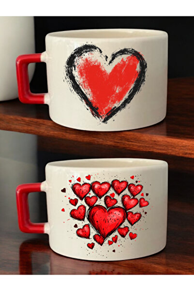 lili hediyelik طقم من كوبين للقهوة مطبوع عليه تصميم قلب - أكواب سيراميك للشاي...