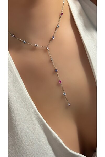 Luna Argento İthal Yüksek Kalite Üretim Kibar Ve Zarif Pembe Mor Mavi Taşlı Kare Damla Ve Oval Form Y Kolye 925