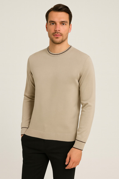 Maccali Men's Long Sleeve Slim Fit Basic Beige Winter Sweater
