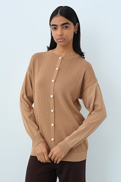 Nihan Ağaç Kabuğu Triko Blazer Hırka Camel