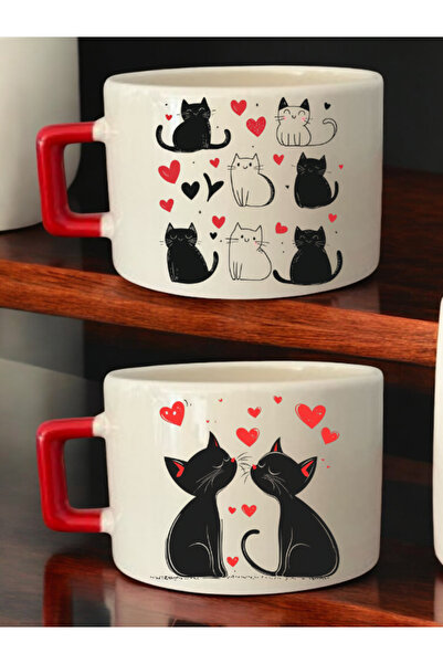 lili hediyelik طقم فناجين قهوة سيراميك مكون من قطعتين مع طباعة قلوب وقطط - فن...