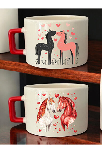 lili hediyelik طقم فناجين قهوة سيراميك مكون من قطعتين بتصميم قلب الخيل - فنجا...