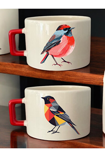 lili hediyelik طقم فناجين قهوة سيراميك مكون من قطعتين مع طباعة طائر لطيف - فن...