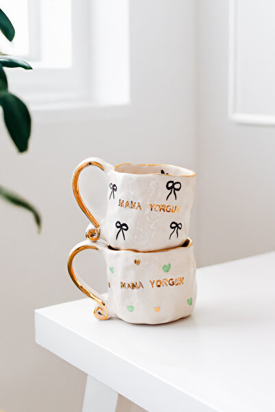 SİNEM YAMAN HOME Mama Yorgun Bow and Heart 2-Piece Mug Set