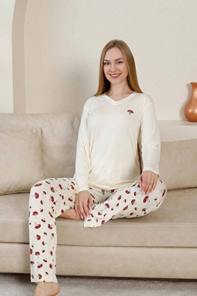 bie's Women Ecru V-Neck Buttonless Mushroom Pattern Stretch Fabric Viscose Transitional Long Sleeve Pajama Set