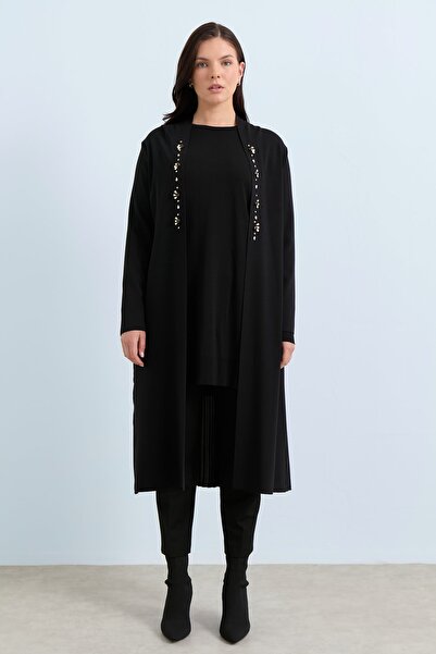 Nihan Parlak Taş Detaylı Triko Hırka Siyah