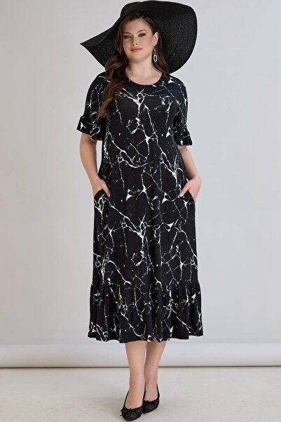 wearon tekstil Wearon Women's Dora Plus Size Flared Marble Pattern Black Dress