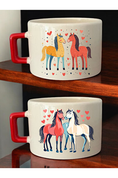 lili hediyelik كوب قهوة سيراميك بتصميم قلب الخيل مكون من قطعتين - كوب سيراميك...
