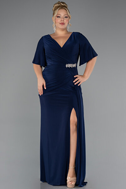 Abiyefon Lacivert Kısa Kol Yırtmaçlı Uzun Büyük Beden Abiye ABU5287