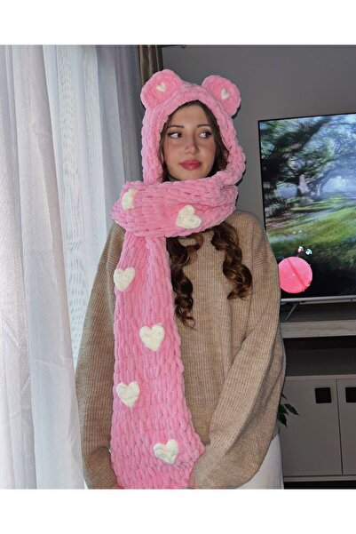 EYKA Pembe Ayıcık Kulaklı Kalp Desenli Puffy Atkı Bere