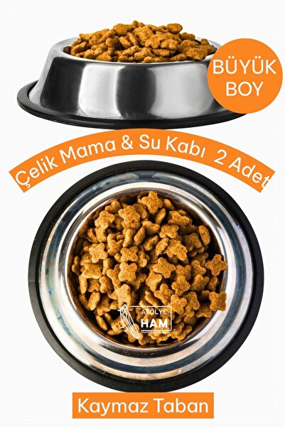 Atölye Ham 2 Adet Paslanmaz Çelik Mama Ve Su Kabı, Alt Taban 22Cm*4,5Cm (500 ML-16 OZ)