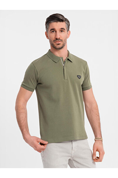OMBRE Pánské polo tričko s výstřihem na zip - olivově zelené V5 OM-POSS-0148 L