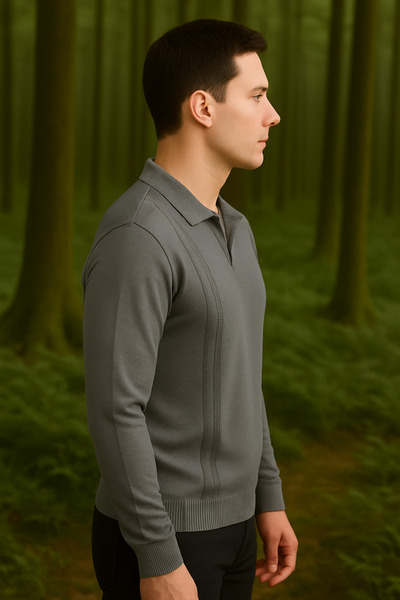 Maccali Men's Polo Neck Striped Basic Loose Gray Winter Sweater