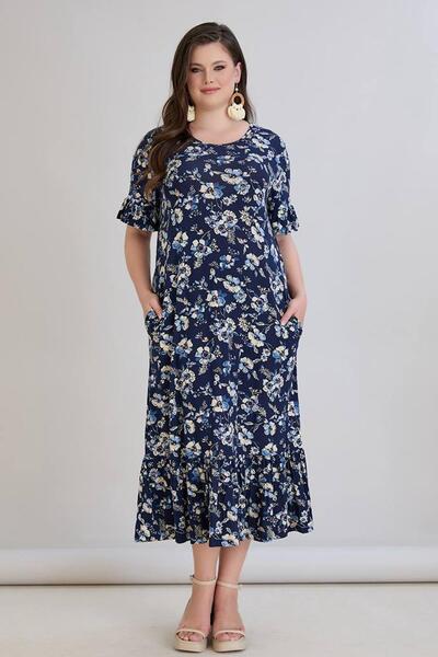 wearon tekstil Wearon Women's Dora Plus Size Flared White Daisies Navy Blue Dress