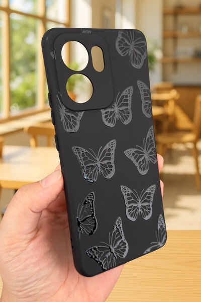 Vip Case OPPO RENO 13 F Uyumlu Siyah Kelebek Desenli Silikon Darbe Emici Klasik Korumalı Rubber Kılıf 277