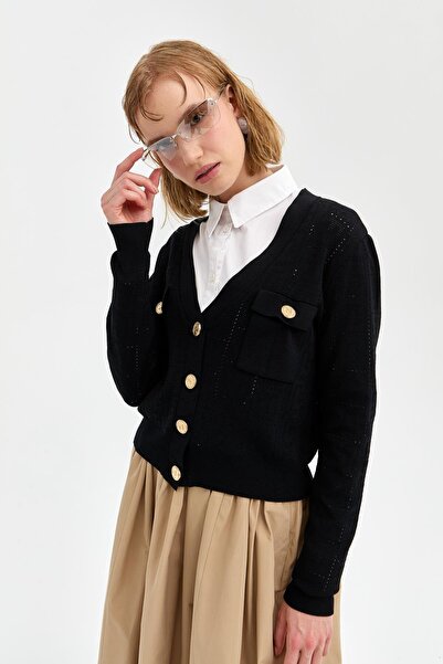 Nihan Ajurlu V Yaka Cepleri Düğmeli Kısa Triko Hırka Siyah