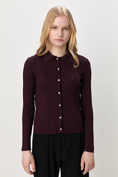 Nihan Taş Düğmeli Polo Yaka Hırka Bordo