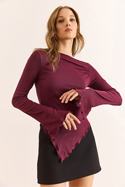 Olalook Women's Burgundy Boat Neck Cuff Slit Soft Touch Blouse Blz-19003112