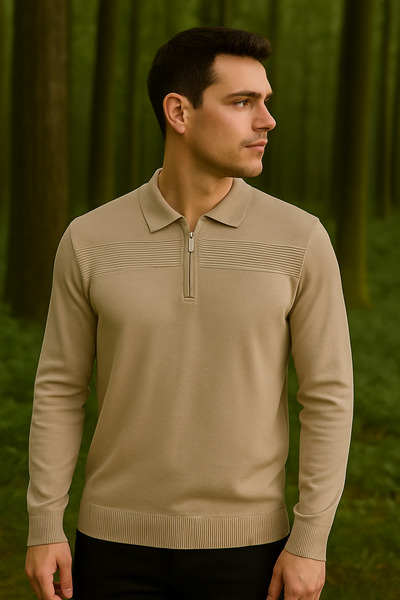 Maccali Men's Striped Zippered Polo Neck Beige Winter Sweater