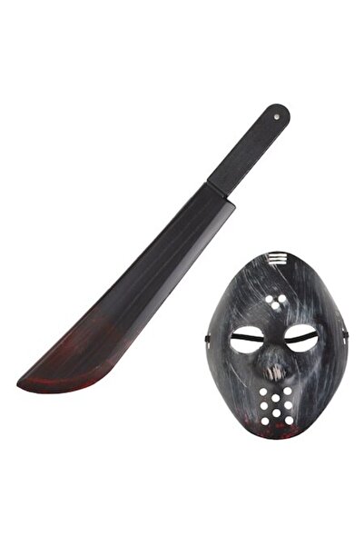 SHOPIENS Set Halloween Masca Infricosatoare Si Cutit Lung Din Plastic Cu Sange Fals 53cm