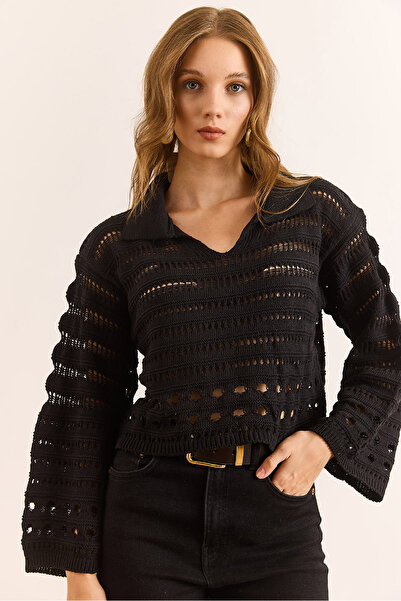 Olalook Women's Black Polo Neck Openwork Knitwear Blouse Blz-19003120