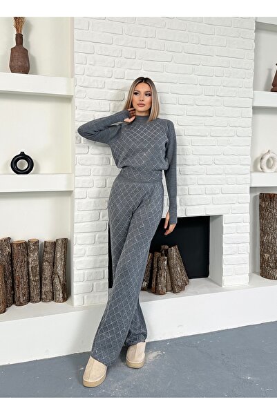 LE CARAMBOLE Women's Gray Knitwear Set with Stone Detail on the Bottom and Top