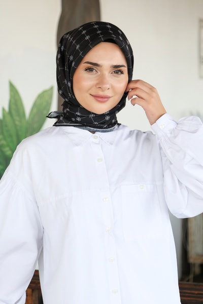Tesettürnağme Soft Cotton Scarf Tn2001 Monogram Black-White-02