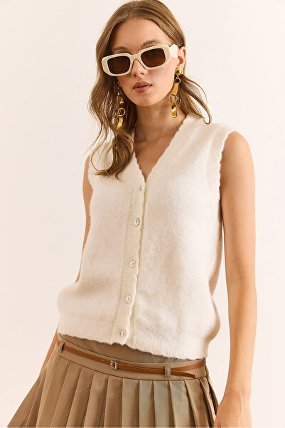 Olalook Women's Ecru Buttoned Soft Textured Knit Vest Ylk-19000088